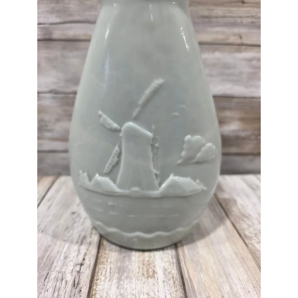 Vintage White Ceramic Pitcher Vase Blue Nautical‎ Sailboat Scene Handle Raised